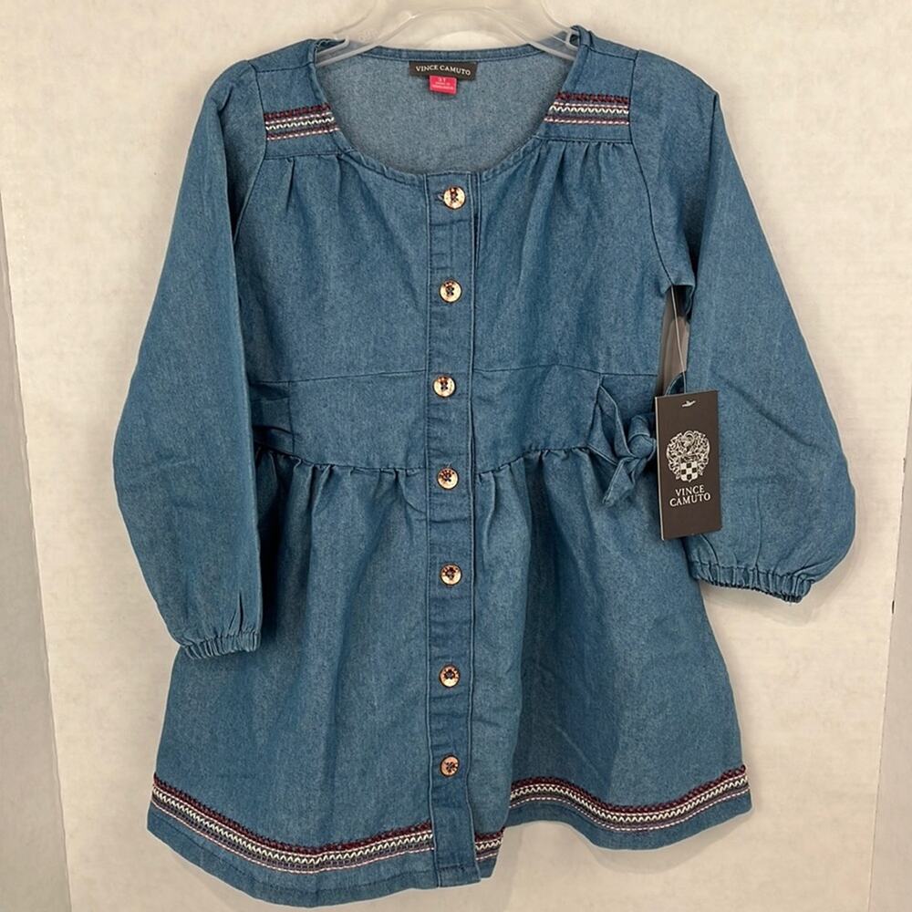 Vince Camuto Blue Chambray Girls 3T Dress Long Sleeve Embroidered Button Up